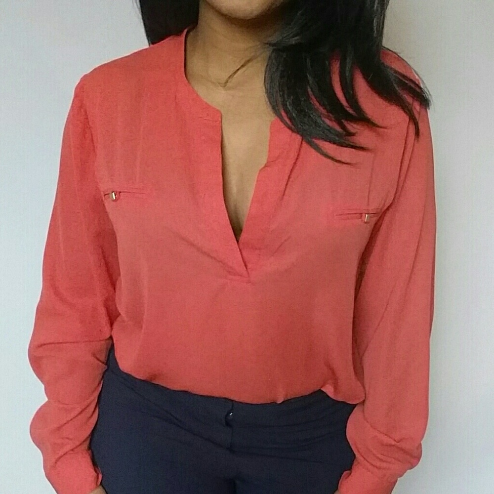 Coral Mossimo Flowy V-neck Blouse w/ pockets